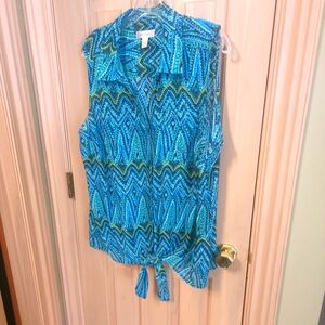Womens Plus Sz 2x Dress barn Sleeveless Tie Shirt Blues And Green